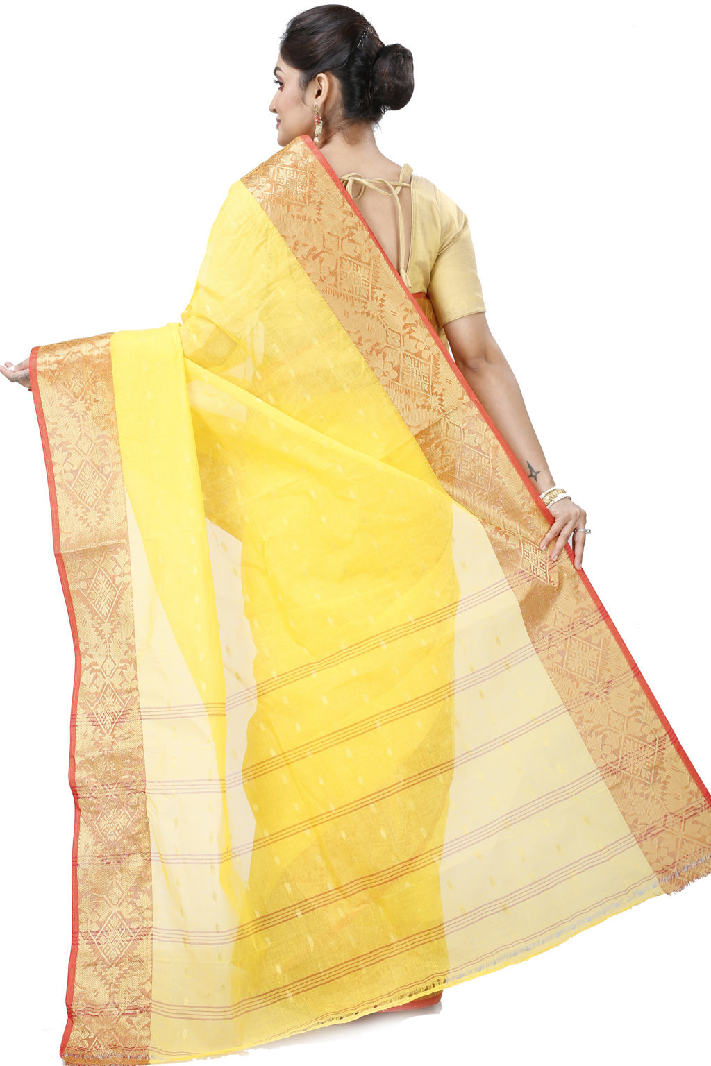 Yellow Pure Cotton Gopa Tant Saree (928)